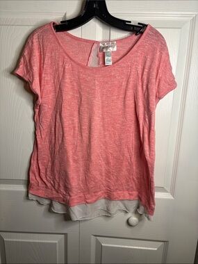 just be Coral-Pink Short Sleeve Layered Hem Top